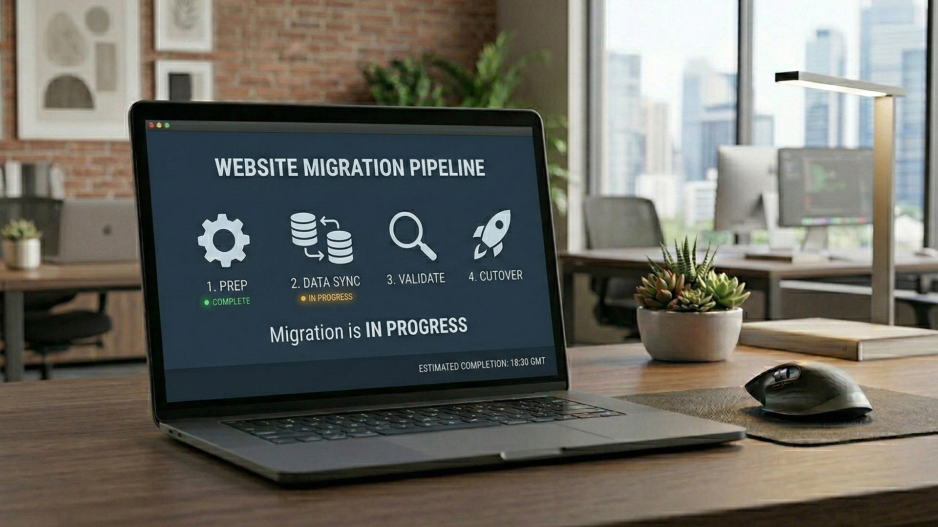 Plan migracji strony internetowej i sklepu online Plan migracji strony internetowej lub sklepu online przedstawiony na ekranie laptopa