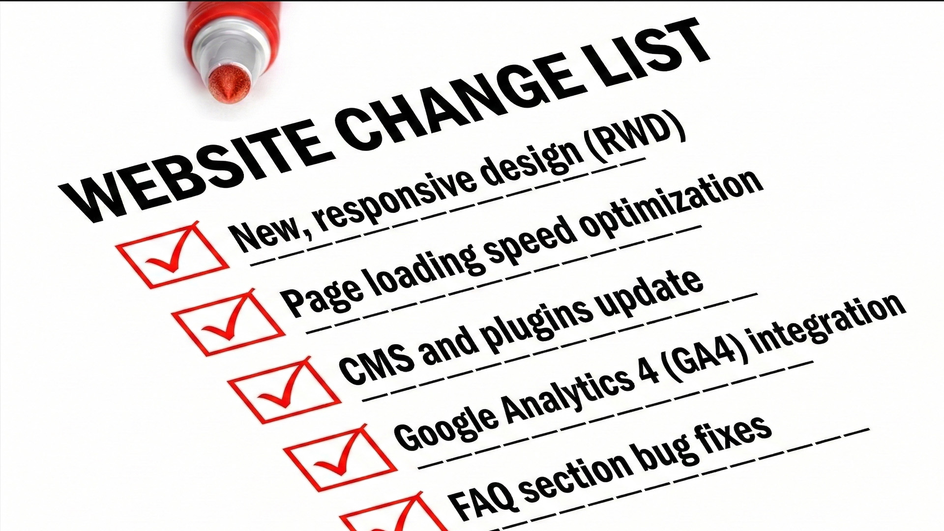 Lista zmian przy modernizacji strony internetowej Lista zmian do modernizacji strony internetowej z zaznaczonymi elementami optymalizacji