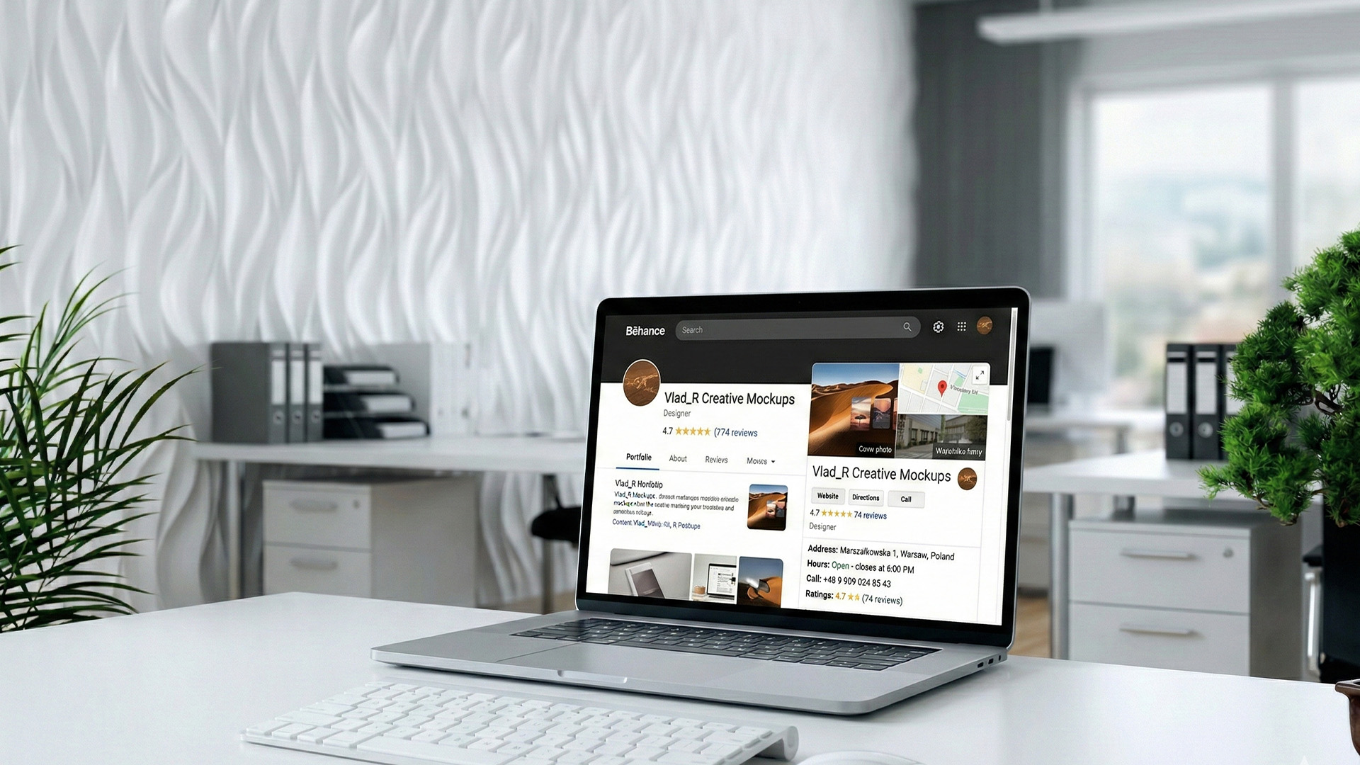 Profile firmy w internecie prezentowane na ekranie laptopa i w wizytówce Google