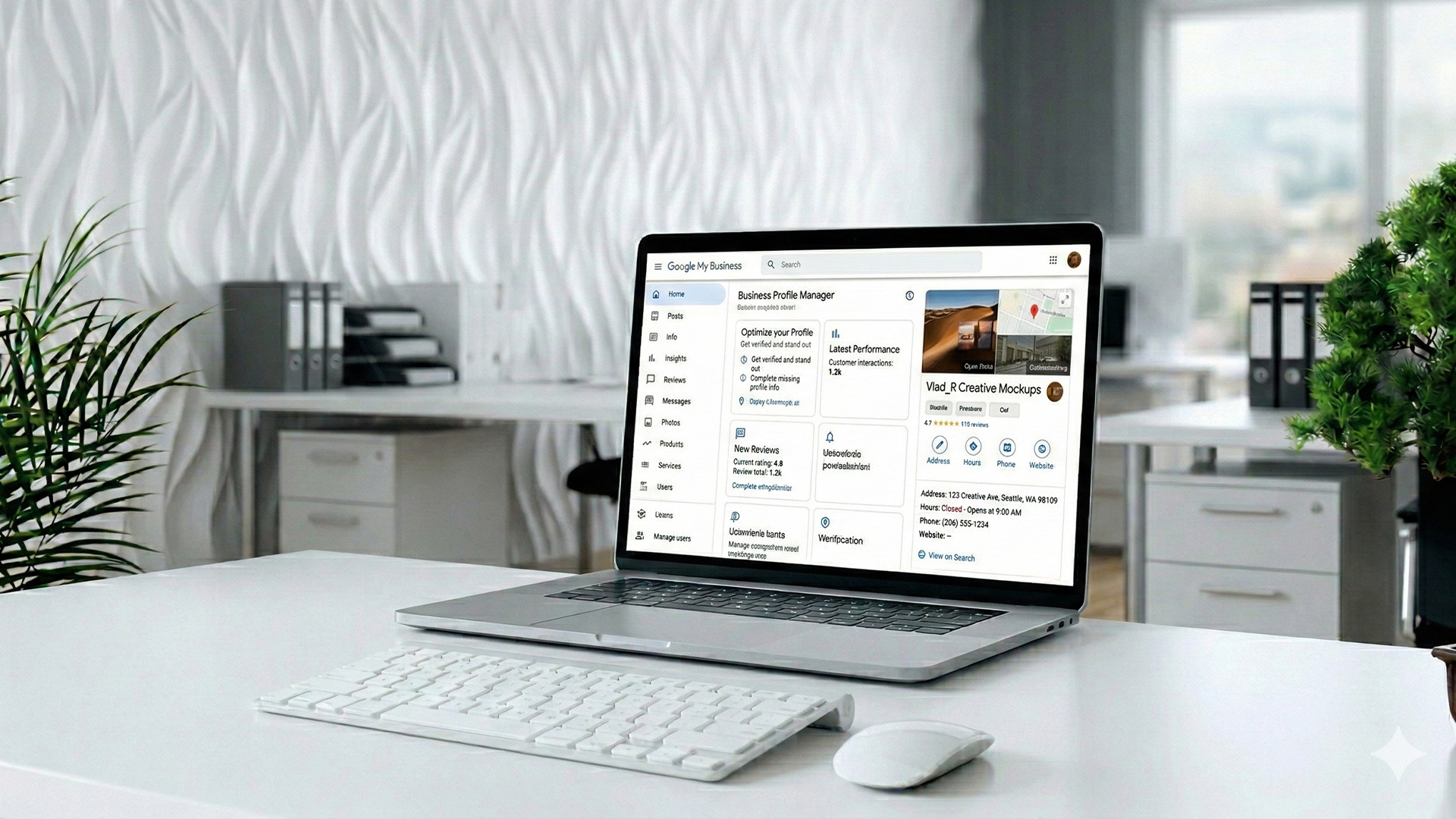 Panel zarządzania wizytówką Google Business Profile na ekranie laptopa